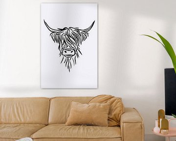 Illustration minimaliste en noir et blanc d'un taureau sur De Muurdecoratie