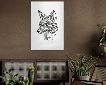 Illustration minimaliste d'un renard au trait noir sur De Muurdecoratie