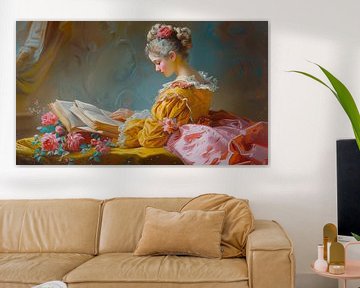 Lezend meisje en bloemen historisch olieverf panorama van TheXclusive Art