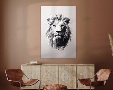 Monochrome Illustration eines Löwen in Nahaufnahme von De Muurdecoratie