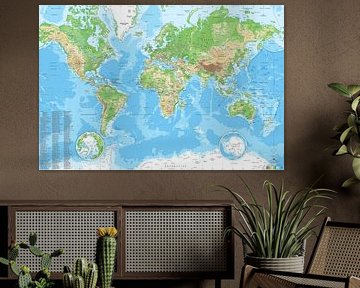 Kaart van de wereld in reliëf (2025) van MAPOM Geoatlas