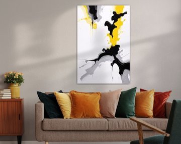 Abstraction dynamique en noir et jaune sur De Muurdecoratie