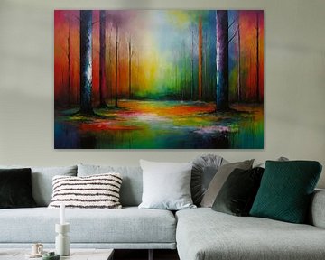 Danse des couleurs dans une forêt ensoleillée sur De Muurdecoratie