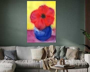 Grande fleur rouge dans un vase bleu sur Karen Kaspar