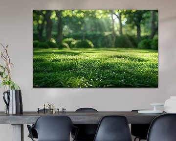 Beau fond d'écran flou de la nature printanière avec une pelouse bien taillée entourée d'arbres par une lumineuse journée ensoleillée. sur de-nue-pic