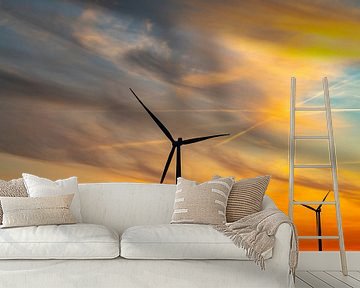 Windturbines in een zonsondergang in de lente met een kleurrijke lucht van Sjoerd van der Wal Fotografie