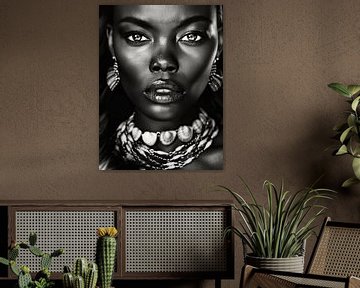 Close-up portrait of a young woman in black and white by Carla Van Iersel