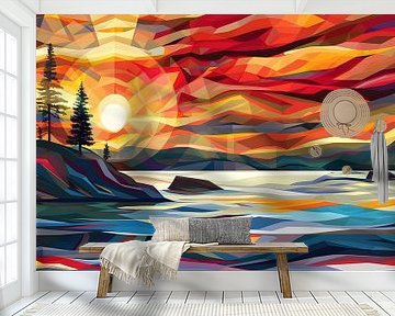 Abstract landschap zonsondergang kust en bomen van Jan Bechtum