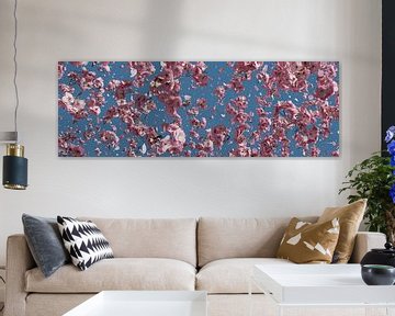 Falling cherry blossoms against a blue sky by Besa Art