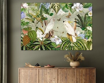 Tropical Cockatoos And Butterflies In The Lush Rainforest by Floral Abstractions