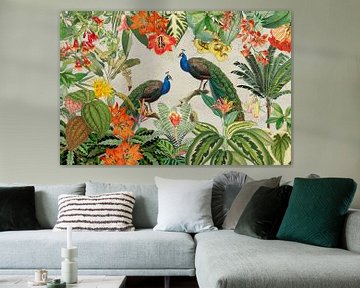 Tropical peacock and exotic blossom jungle landscape by Floral Abstractions