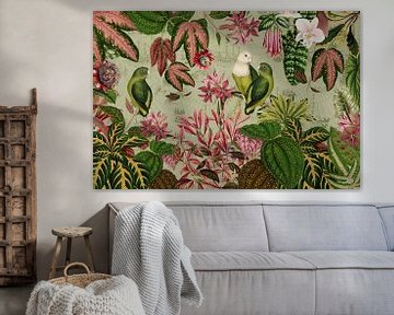 Perroquet vert exotique dans la jungle fleurie vintage sur Floral Abstractions