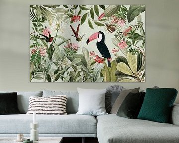 Exotic toucans and hummingbirds in the tropical jungle by Floral Abstractions