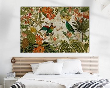 Impressionnant perroquet dans les fleurs tropicales et la jungle de la forêt tropicale