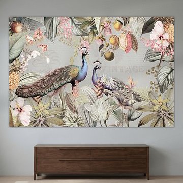 Luxurious peacocks in the vintage flower jungle