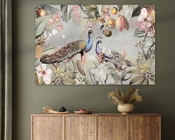 Luxurious peacocks in the vintage flower jungle by Floral Abstractions