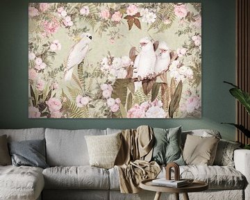 White Cockatoos In Vintage Redouté Rose Jungle by Floral Abstractions