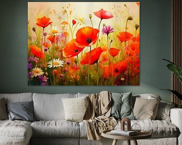 Zomers schilderij: Klaprozen en veldbloemen in het gras van Studio Pieternel
