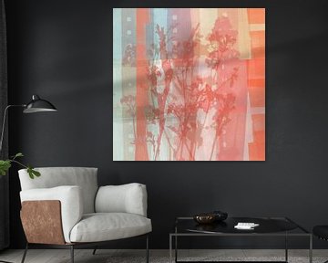 Modern abstract botanical art in pastel colors. Orange, pink, mint. by Dina Dankers