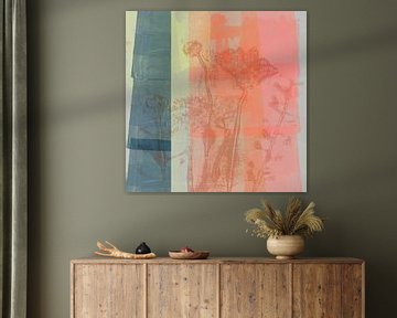 Modern abstract botanical art in pastel colors. Neon pink, terra, blue by Dina Dankers