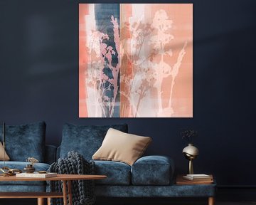 Moderne abstracte botanische kunst in pastelkleuren. Blauw, roze, koraal van Dina Dankers