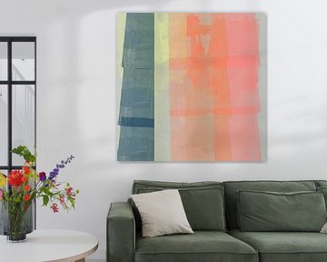 Modern abstract  art in pastel colors. Blue, neon orange and pink. by Dina Dankers