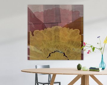 Modern abstract landscape in natural yellow, warm brown and taupe. by Dina Dankers