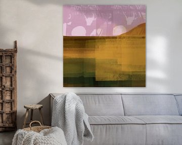 Modern abstract landscape in mustard yellow and light purple. by Dina Dankers