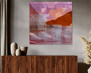 Modern abstract landschap in paars, terra en koraal. van Dina Dankers
