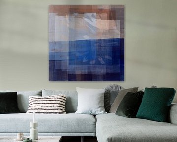 Modern abstract landschap in blauw, taupe en terra. van Dina Dankers