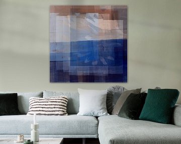 Modern abstract landschap in blauw, taupe en terra.