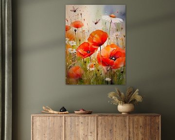 Bloemenveld met Klaprozen en witte margrieten van Studio Pieternel