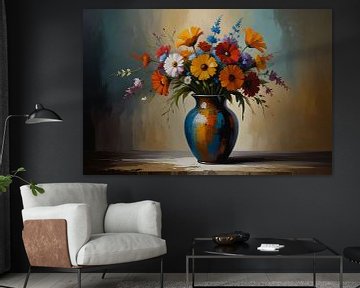Arrangement floral impressionniste dans un vase coloré sur De Muurdecoratie