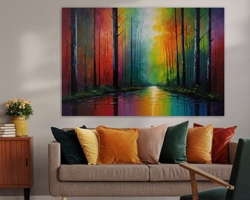 Reflet impressionniste d'une forêt colorée sur De Muurdecoratie