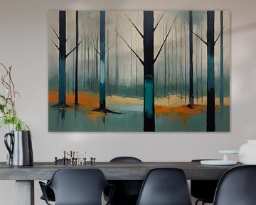 Forêt brumeuse aux accents colorés sur De Muurdecoratie