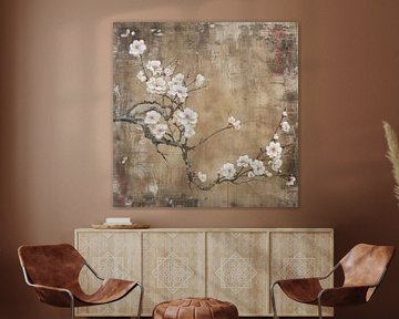 Bloesem Azië vierkant beige bruin digitale kunst van Digitale Schilderijen