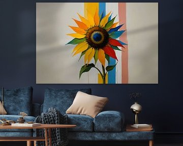 Abstrakte bunte Sonnenblume auf gestreiften Hintergrund von De Muurdecoratie