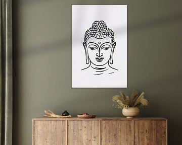 Minimalistische Strichzeichnung eines Buddha-Gesichts von De Muurdecoratie