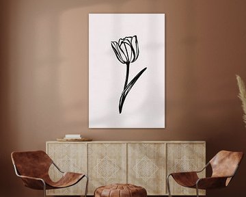 Minimalistische Zwarte Tulp op Wit van De Muurdecoratie