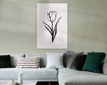 Minimalist tulip in black and white lines by De Muurdecoratie