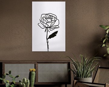 Black-and-white abstract rose line drawing by De Muurdecoratie