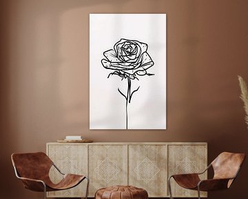 Illustration minimaliste d'une rose au trait noir sur De Muurdecoratie