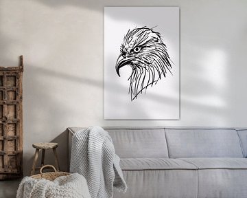 Illustration minimale d'un aigle au trait noir sur De Muurdecoratie