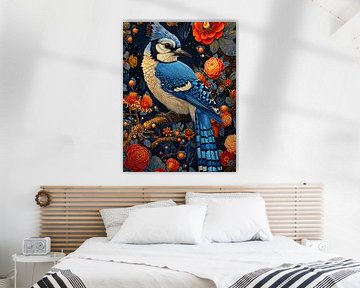 Oiseau geai bleu avec fleurs sur haroulita