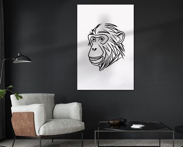 Dessin au trait d'un singe minimaliste en noir et blanc sur De Muurdecoratie