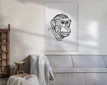 Dessin minimaliste en noir et blanc d'un singe sur De Muurdecoratie