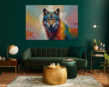 Portrait de loup en explosion de couleurs abstraites sur De Muurdecoratie