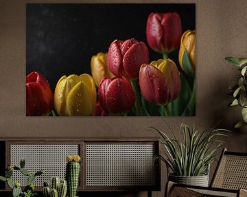 Lebendige Tulpen mit Morgentau auf schwarzem Hintergrund von De Muurdecoratie