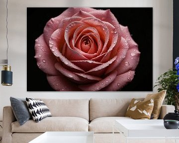 Rose rose avec gouttes de rosée sur fond noir sur De Muurdecoratie