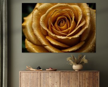 Rose dorée avec rosée sur fond noir sur De Muurdecoratie